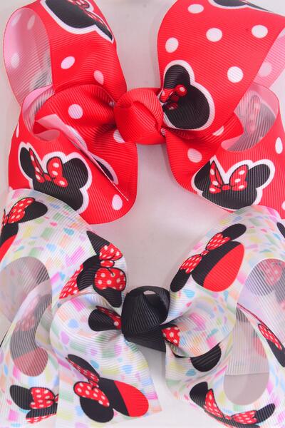 Hair Bow Jumbo Polka dots Mouse Ear Grosgrain Bow-tie / 12 pcs Bow = Dozen Alligator Clip , Size - 6" x 5" Wide , 6 Of Each Pattern Asst , Clip Strip & UPC Code