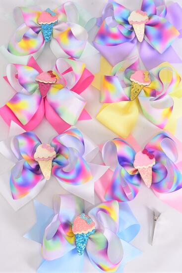 Hair Bow Jumbo Double Layered Ice Cream Cone Grosgrain Bow-tie Pastel / 12 pcs Bow  = Dozen Alligator Clip , Size - 6" x 5", 2 White , 2 Baby Pink , 2 Lavender , 2 Hot Pink , 2 Mint Green , 1 Blue , 1 Yellow Color Asst , Clip Strip & UPC Code