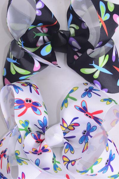 Hair Bow Jumbo Dragonfly Grosgrain Bow-tie / 12 pcs Bow = Dozen  Alligator Clip , Size - 6" x 5" Wide , 6 Of each Pattern Asst , Clip Strip and UPC Code