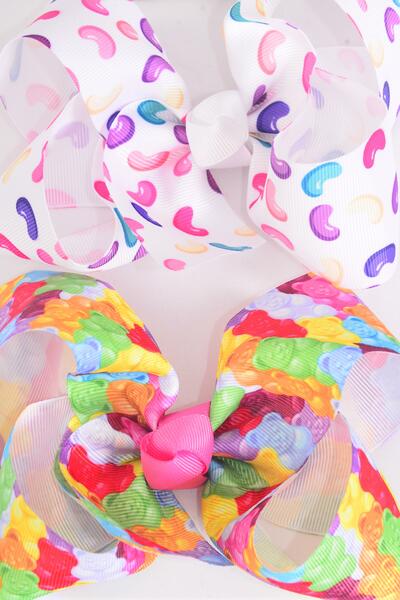 Hair Bow Jumbo Gummy Bear & Jelly Bean Candies  Mix Grosgrain Bow-tie / 12 pcs Bow = Dozen Alligator Clip , Size - 6" x 5" Wide , 6 Of Each Pattern Asst , Clip Strip & UPC Code