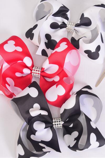Hair Bow Jumbo Mouse Ear Red White Black Mix Grosgrain Bow-tie / 12 pcs Bow = Dozen  Alligator Clip , Size - 6" x 5" Wide , 4 Red , 4 White , 4 Black Color Mix , Clip Strip & UPC Code