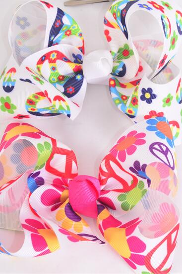 Hair Bow Jumbo Flower Power Peace Sign Mix Grosgrain Bow-tie / 12 pcs Bow = Dozen Alligator Clip , Size - 6" x 5" Wide , 6 Of each Pattern Asst , Clip Strip & UPC Code