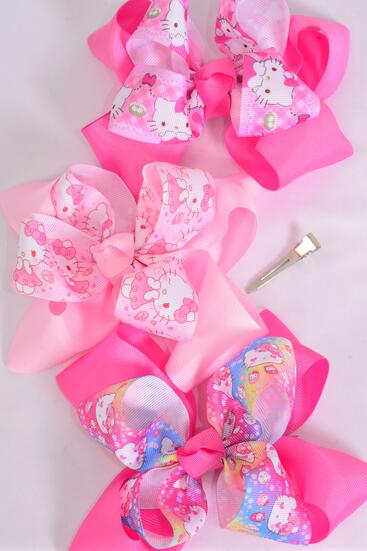 Hair Bow Jumbo Double Layered Cute Kitty Pattern Mix Grosgrain Bow-tie /  12 pcs Bow = Dozen Alligator Clip , Size - 6" x 5" Wide , 4 Of Each Pattern Asst , Clip Strip & UPC Code