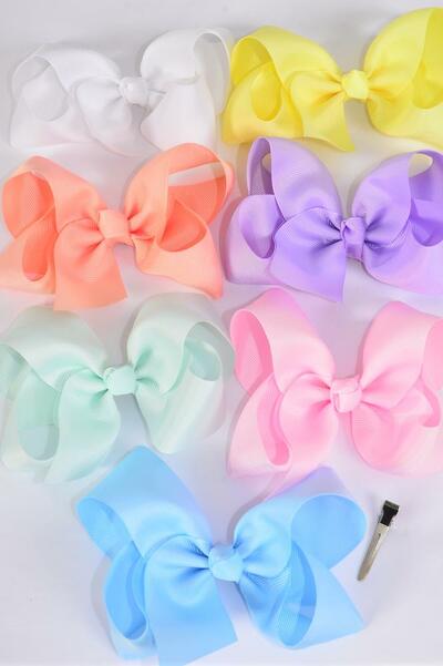 Hair Bow Jumbo Pastel Grosgrain Bow-tie / 12 pcs Bow = Dozen Alligator Clip , Size - 6" x 5", 2 White , 2 Baby Pink , 2 Lavender , 2 Blue , 2 Yellow , 1 Peach , 1 Mint Green Asst , Clip Strip & UPC Code