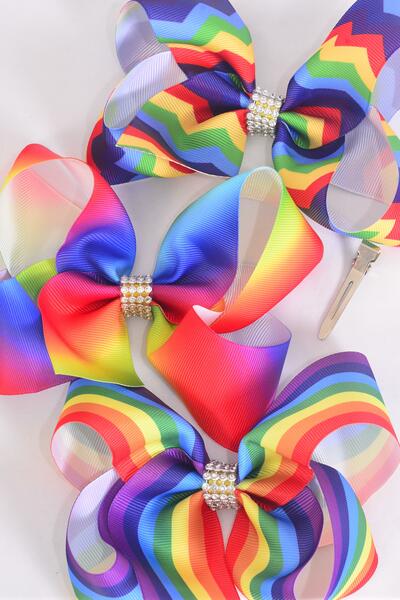 Hair Bow Jumbo Rainbow Tiedye Chevron Stripe Grosgrain Bow-tie / 12 pcs Bow = Dozen  Alligator Clip , Size - 6" x 5" Wide , 4 Of each Pattern Asst , Clip Strip & UPC Code