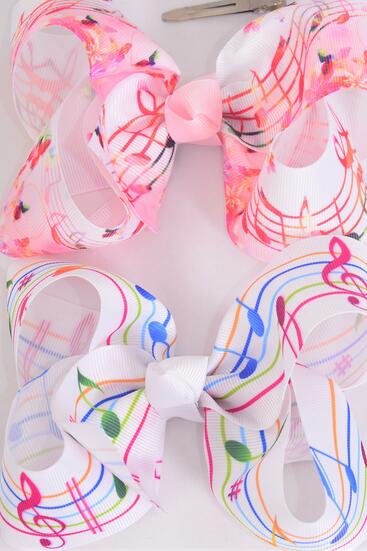 Hair Bow Jumbo Music Note Grosgrain Bow-tie / 12 pcs = Dozen Music Note , Alligator Clip , Size - 6" x 5" Wide , 6 Of Each Pattern Asst , Clip Strip & UPC Code