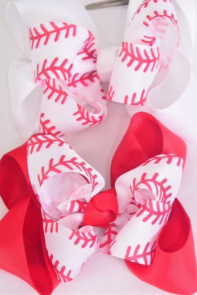 Hair Bow Jumbo Double Layered Baseball Grosgrain Bow-tie / 12 pcs Bow = Dozen Alligator Clip , Size - 6" x 5" Wide , 6 of each Pattern Asst , Clip Strip and UPC Code