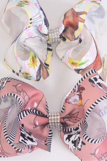 Hair Bow Jumbo Cute Farm Animals Cow Horse Sheep Piggy Rooster Pattern Mix Grosgrain Bow-tie / 12 pcs Bow = Dozen Farm Animals , Alligator Clip , Bow - 6" x 5" Wide , 6 of each Pattern Asst , Clip Strip & UPC Code