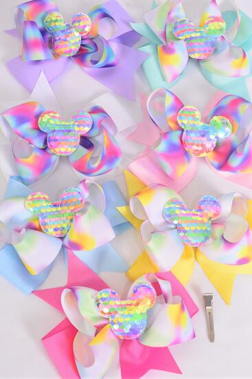 Hair Bow Jumbo Double Layered Center Mouse Ear Charm Pastel Grosgrain Bow-tie / 12 pcs Bow = Dozen Alligator Clip , Size - 6" x 5" , 2 White , 2 Baby Pink , 2 Lavender , 2 Blue , 2 Yellow , 1 Hot Pink , 1 Mint Color Asst , Clip Strip & UPC Code