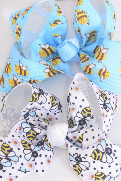 Hair Bow Jumbo Cute Honey Bees Mix Grosgrain Bow-tie / 12 pcs Bow = Dozen Alligator Clip , Size - 6" x 5" Wide , 6 Of each Pattern Asst , Clip Strip and UPC Code