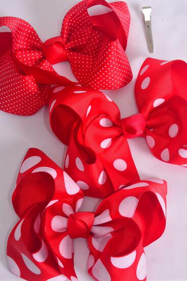 Hair Bow Jumbo Red Polka dots Mix Grosgrain Bow-tie / 12 pcs Bow = Dozen Alligator Clip , Size - 6" x 5" Wide , 4 of each Pattern Mix , Clip Strip & UPC Code