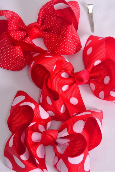 Hair Bow Jumbo Red Polka dots Mix Grosgrain Bow-tie / 12 pcs Bow = Dozen Alligator Clip , Size - 6" x 5" Wide , 4 of each Pattern Mix , Clip Strip & UPC Code
