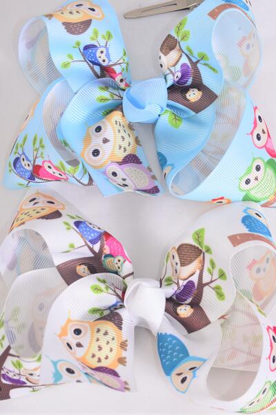 Hair Bow Jumbo Cute Owl Grosgrain Bow-tie / 12 pcs Bow = Dozen Owl , Alligator Clip , Size - 6" x 5" Wide , 6 Of Each Pattern Asst , Clip Strip & UPC Code