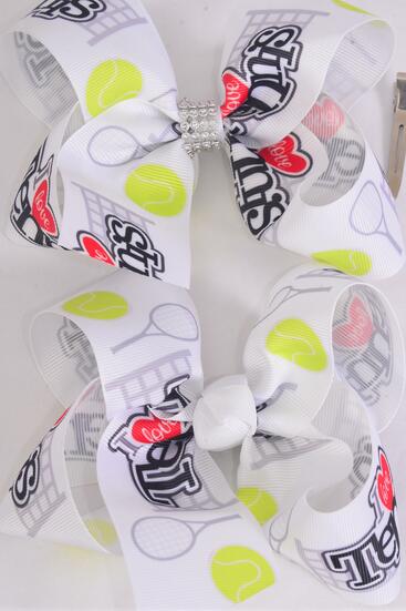 Hair Bow Jumbo Love Tennis Grosgrain Bow-tie / 12 pcs Bow = Dozen Alligator Clip , Bow-6"x 5" Wide , 4 of each Pattern Asst , Clip Strip & UPC Code