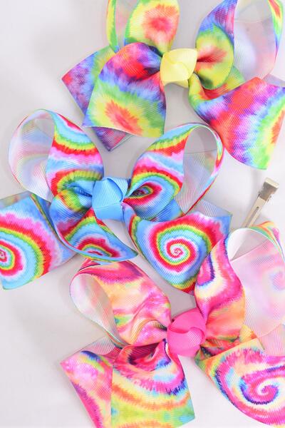 Hair Bow Jumbo Gradient Tiedye Grosgrain Bow-tie / 12 pcs Bow = Dozen Alligator Clip , Size-  6" x 5" Wide , 4 of each Pattern Asst , Clip Strip & UPC Code