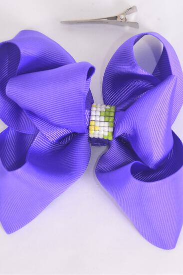 Hair Bow Jumbo Double Layered Center Loom Pattern Grosgrain Bow-tie Purple / 12 pcs bow = Dozen Purple , Alligator Clip , Size - 6" x 5" Wide , Clip Strip & UPC Code