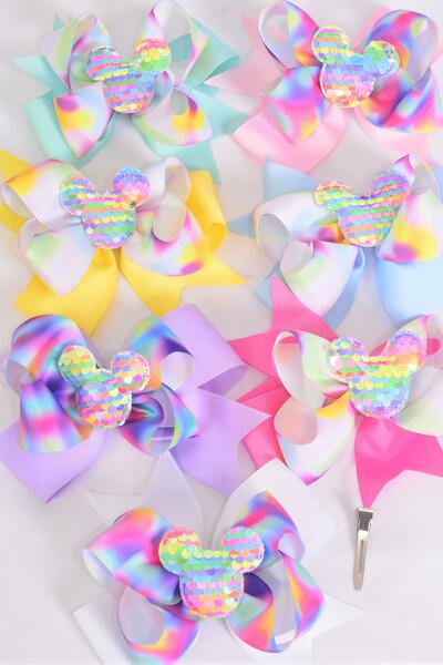 Hair Bow Jumbo Double Layered Center Mouse Ear Charm Pastel Grosgrain Bow-tie / 12 pcs Bow = Dozen Alligator Clip , Size - 6" x 5" , 2 White , 2 Baby Pink , 2 Lavender , 2 Blue , 2 Yellow , 1 Hot Pink , 1 Mint Color Asst , Clip Strip & UPC Code