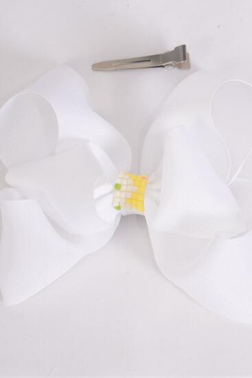 Hair Bow Jumbo Double Layered Center Loom Pattern Grosgrain Bow-tie White / 12 pcs bow = Dozen White , Alligator Clip , Size - 6" x 5" Wide , Clip Strip & UPC Code