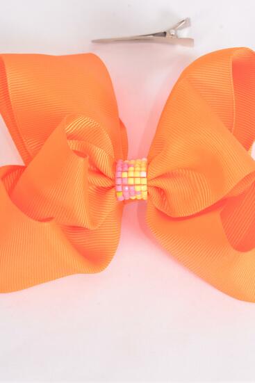 Hair Bow Jumbo Double Layered Center Loom Pattern Grosgrain Bow-tie Orange / 12 pcs bow = Dozen Orange , Alligator Clip , Size - 6" x 5" Wide , Clip Strip & UPC Code