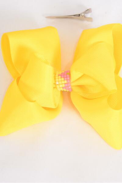Hair Bow Jumbo Double Layered Center Loom Pattern Grosgrain Bow-tie Yellow / 12 pcs bow = Dozen Yellow , Alligator Clip , Size - 6" x 5" Wide , Clip Strip & UPC Code