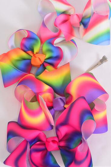 Hair Bow Jumbo Gradient Tiedye Grosgrain Bow-tie / 12 pcs Bow = Dozen Alligator Clip , Size - 6" x 5" Wide , 3 Of each Pattern Asst , Clip Strip & UPC Code