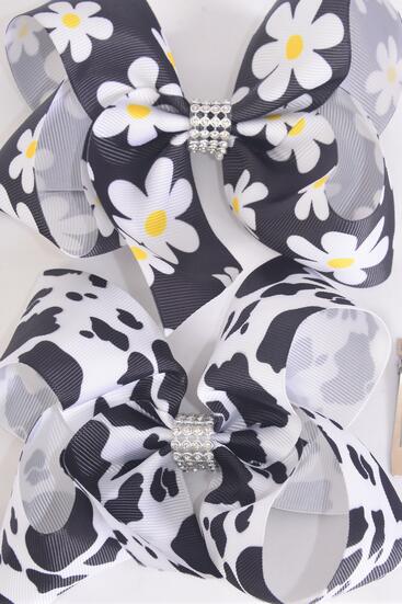 Hair Bow Jumbo Cow Daisy Flower Pattern Mix Grosgrain Bow-tie / 12 pcs Bow = Dozen Alligator Clip , Size - 6" x 5" Wide , 6 of each Pattern Asst , Clip Strip & UPC Code