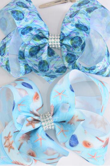 Hair Bow Jumbo Turtle Starfish Seashell Mix Grosgrain Bow-tie / 12 pcs Bow = Dozen Alligator Clip , Bow - 6" x 5" Wide , 6 of each Pattern Asst , Clip Strip & UPC Code