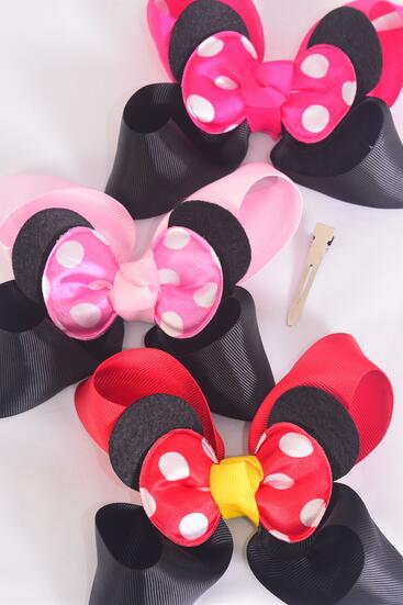 Hair Bow Jumbo Mouse Ear Double Layered Polka dot Grosgrain Bow-tie / 12 pcs Bow = Dozen Alligator Clip , Size - 6" x 5" , 4 Red , 4 Fuchsia , 4 Baby Pink Color Asst , Clip Strip & UPC Code