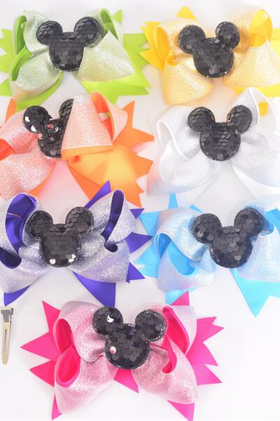 Hair Bow Jumbo Double Layered Center Flip Sequins Mouse Ear Charm Citrus Grosgrain Bow-tie / 12 pcs Bow = Dozen  Alligator Clip , Size - 6" x 5" Wide , 2 Fuchsia , 2 Turquoise , 2 White , 2 Purple , 2 Yellow , 1 Orange , 1 Lime Color Asst , Clip Strip & UPC Code