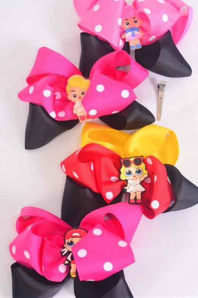 Hair Bow Jumbo Double Layered Polka dots w LOL Doll Charm Grosgrain Bow-tie / 12 pcs Bow = Dozen Alligator Clip , Size - 6" x 5" Wide , 3 Of each Pattern Asst , Clip Strip & UPC Code