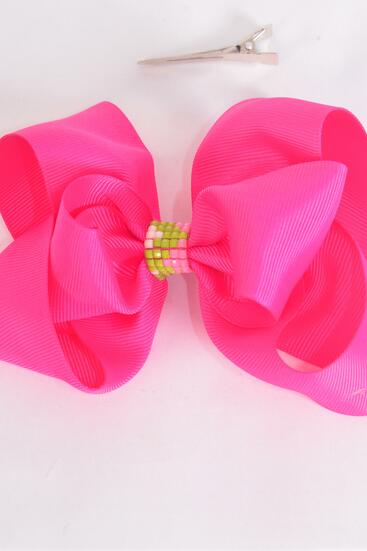 Hair Bow Jumbo Double Layered Center Loom Pattern Grosgrain Bow-tie Fuchsia / 12 pcs bow = Dozen Fuchsia , Alligator Clip , Size - 6" x 5" Wide , Clip Strip & UPC Code