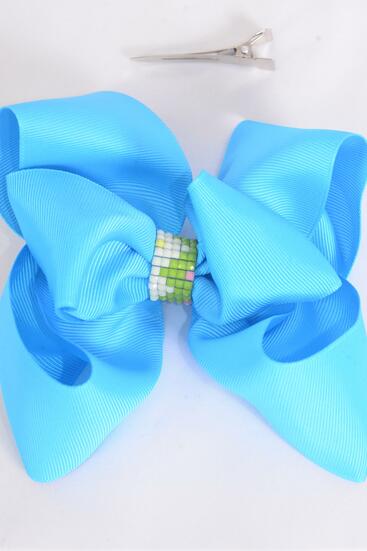 Hair Bow Jumbo Double Layered Center Loom Pattern Grosgrain Bow-tie Turquoise / 12 pcs bow = Dozen Turquoise ,  Alligator Clip , Size - 6" x 5" Wide , Clip Strip & UPC Code