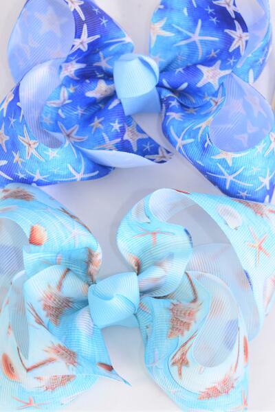 Hair Bow Jumbo Starfish Seashells Grosgrain Bow-tie /  12 pcs Bow = Dozen  Alligator Clip , Bow - 6" x 5" Wide , 6 of each Pattern Asst , Clip Strip & UPC Code