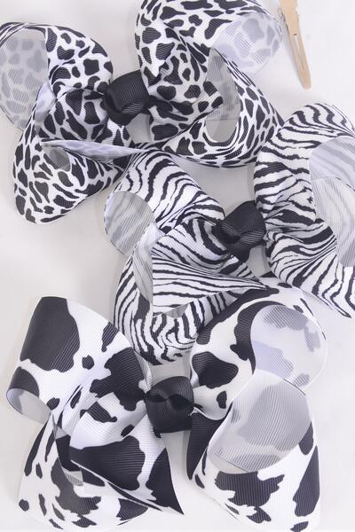 Hair Bow Jumbo Cow Zebra Leopard Pattern Mix Grosgrain Bow-tie / 12 pcs Bow = Dozen Alligator Clip , Size - 6" x 5" Wide , 4 of each Pattern Asst , Clip Strip & UPC Code