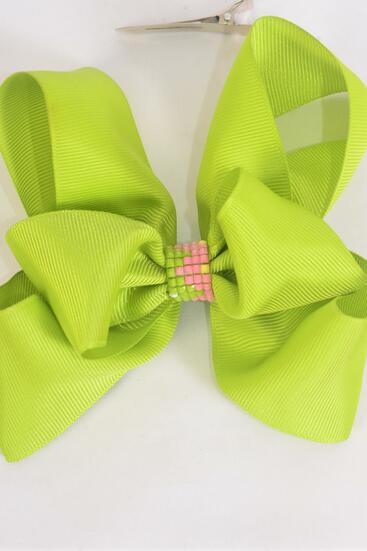 Hair Bow Jumbo Double Layered Center Loom Pattern Grosgrain Bow-tie Lime / 12 pcs bow = Dozen  Lime , Alligator Clip , Size - 6" x 5" Wide , Clip Strip & UPC Code
