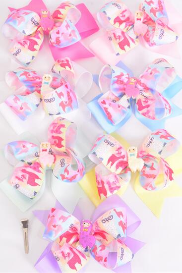Hair Bow Jumbo Double Layered Llama Charm Grosgrain Bow-tie Pastel / 12 pcs Bow = Dozen Alligator Clip , Size - 6" x 5" , 2 White , 2 Pink , 2 Hot Pink , 2 Lavender , 2 Mint Green , 1 Yellow , 1 Blue Color Asst , Clip Strip & UPC Code