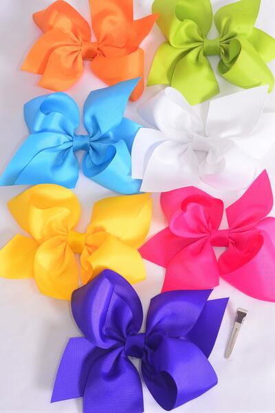 Hair Bow Jumbo Citrus Grosgrain Bow-tie / 12 pcs Bow = Dozen Alligator Clip , Size - 6" x 5" Wide , 2 White , 2 Fuchsia , 2 Purple , 2 Blue , 2 Yellow , 1 Orange , 1 Lime Color Mix , Clip Strip & UPC Code