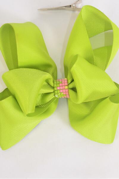Hair Bow Jumbo Double Layered Center Loom Pattern Grosgrain Bow-tie Lime / 12 pcs bow = Dozen  Lime , Alligator Clip , Size - 6" x 5" Wide , Clip Strip & UPC Code