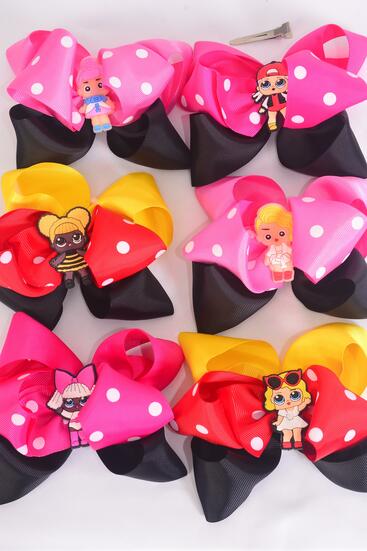 Hair Bow Jumbo Double Layered LOL Doll Charm Grosgrain Bow-tie / 12 pcs Bow = Dozen Alligator Clip , Size - 6" x 5" Wide , 2 Of each Pattern Asst , Clip Strip & UPC Code