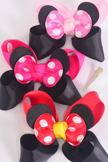 Hair Bow Jumbo Mouse Ear Double Layered Polka dot Grosgrain Bow-tie / 12 pcs Bow = Dozen Alligator Clip , Size - 6" x 5" , 4 Red , 4 Fuchsia , 4 Baby Pink Color Asst , Clip Strip & UPC Code
