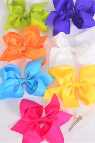 Hair Bow Jumbo Citrus Grosgrain Bow-tie / 12 pcs Bow = Dozen Alligator Clip , Size - 6" x 5" Wide , 2 White , 2 Fuchsia , 2 Purple , 2 Blue , 2 Yellow , 1 Orange , 1 Lime Color Mix , Clip Strip & UPC Code