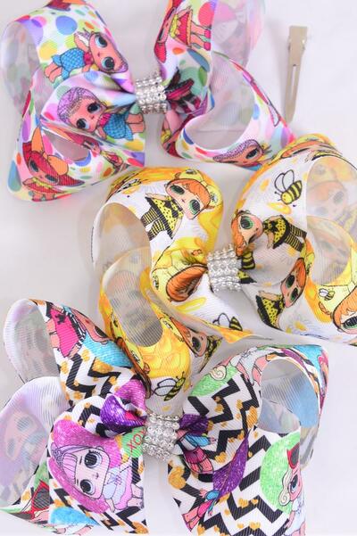 Hair Bow Jumbo LOL Doll Pattern Asst Grosgrain Bow-tie / 12 pcs Bow = Dozen Alligator Clip , Size - 6" x 5" Wide , 4 of each Pattern Asst , Clip Strip and UPC Code