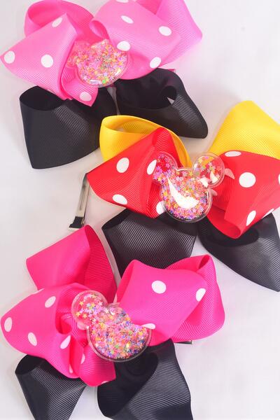 Hair Bow Jumbo Double Layered Center Mouse Ear Glitter Stars Grosgrain Bow-tie / 12 pcs Bow = Dozen Alligator Clip , Size - 6" x 5" Wide , 4 Of each Pattern Asst , Clip Strip & UPC Code