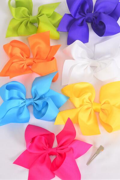 Hair Bow Jumbo Citrus Grosgrain Bow-tie / 12 pcs Bow = Dozen Alligator Clip , Size - 6" x 5" Wide , 2 White , 2 Fuchsia , 2 Purple , 2 Blue , 2 Yellow , 1 Orange , 1 Lime Color Mix , Clip Strip & UPC Code