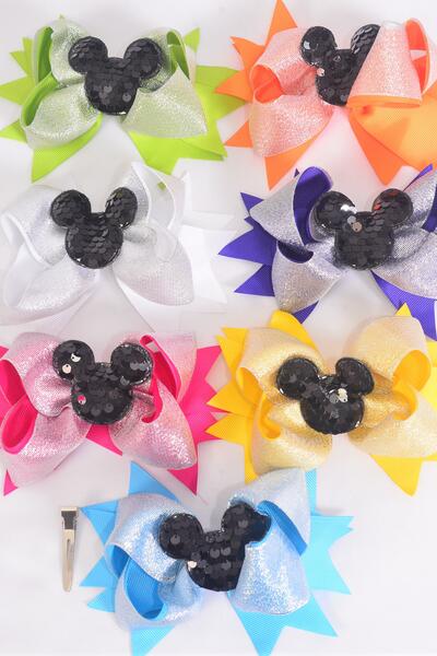 Hair Bow Jumbo Double Layered Center Flip Sequins Mouse Ear Charm Citrus Grosgrain Bow-tie / 12 pcs Bow = Dozen  Alligator Clip , Size - 6" x 5" Wide , 2 Fuchsia , 2 Turquoise , 2 White , 2 Purple , 2 Yellow , 1 Orange , 1 Lime Color Asst , Clip Strip & UPC Code