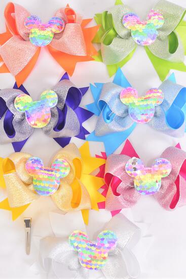 Hair Bow Jumbo Double Layered Center Flip Sequins Mouse Ear Charm Citrus Grosgrain Bow-tie / 12 pcs Bow = Dozen Alligator Clip , Size - 6" x 5" Wide , 2 Fuchsia , 2 Turquoise  ,2 White , 2 Purple , 2 Yellow , 1 Orange , 1 Lime Color Asst , Clip Strip & UPC Code