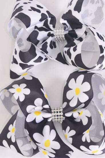 Hair Bow Jumbo Cow Daisy Flower Pattern Mix Grosgrain Bow-tie / 12 pcs Bow = Dozen Alligator Clip , Size - 6" x 5" Wide , 6 of each Pattern Asst , Clip Strip & UPC Code