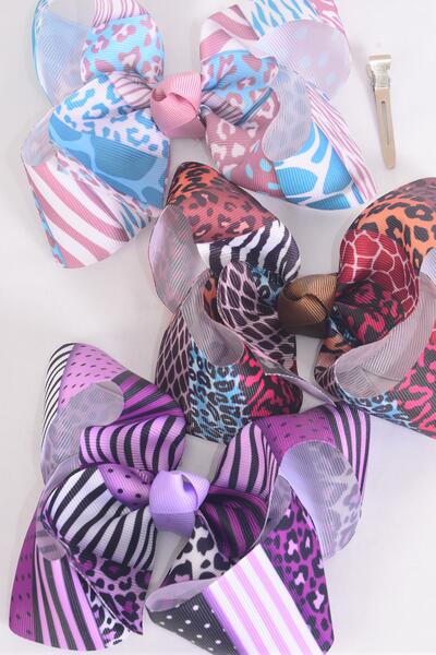 Hair Bow Jumbo Animal Pattern Mix Grosgrain Bow-tie /  12 pcs Bow = Dozen  Alligator Clip , Size - 6" x 5" Wide , 4 Of Each Pattern Asst , Clip Strip and UPC Code