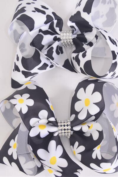 Hair Bow Jumbo Cow Daisy Flower Pattern Mix Grosgrain Bow-tie / 12 pcs Bow = Dozen Alligator Clip , Size - 6" x 5" Wide , 6 of each Pattern Asst , Clip Strip & UPC Code