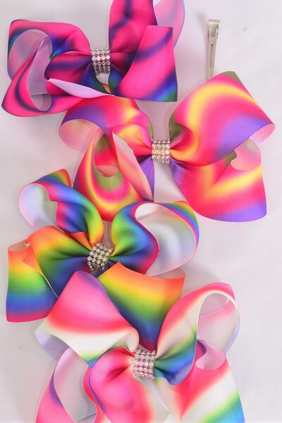 Hair Bow Jumbo Gradient Tiedye Grosgrain Bow-tie / 12 pcs Bow = Dozen Alligator Clip , Size - 6" x 5" Wide , 3 Of each Pattern Asst , Clip Strip & UPC Code
